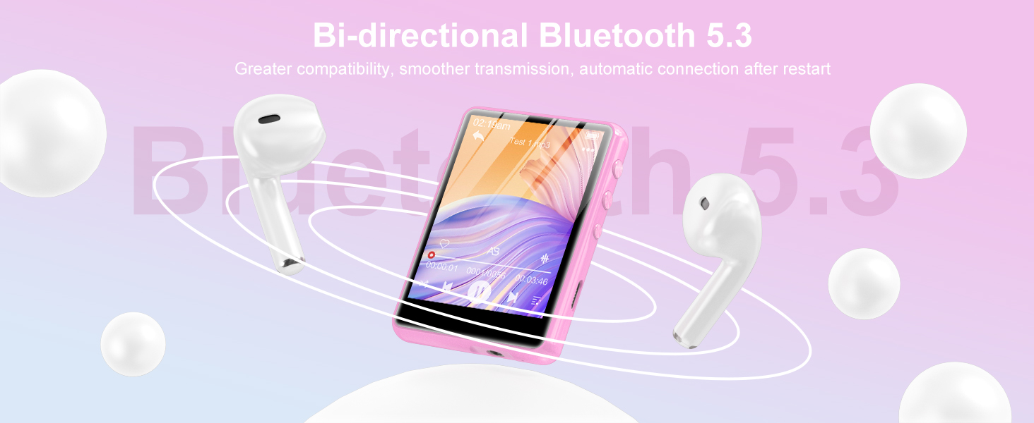 Smartphone with wireless earbuds, showcasing bi-directional Bluetooth 5.3 connectivity. Device displays colorful screen, surrounded by floating earbud illustrations.