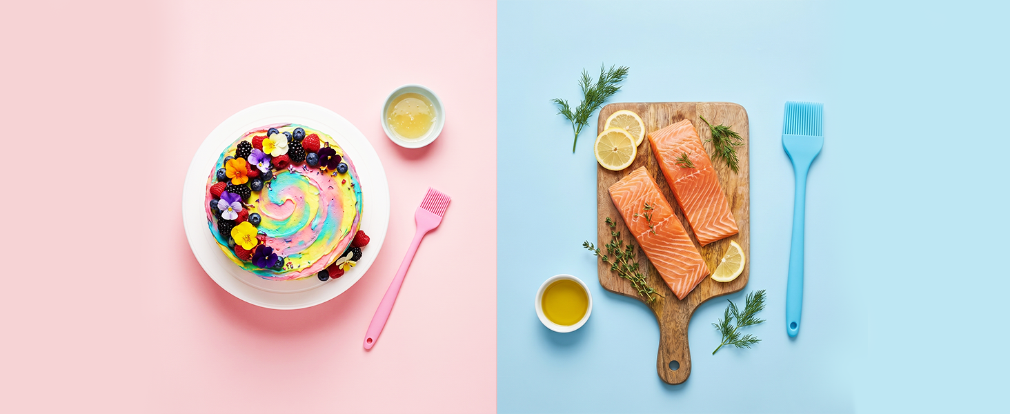 Pink silicone pastry brush with colorful cake and blue basting brush with salmon fillet dual scene
