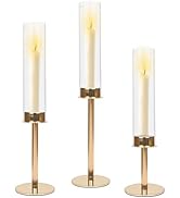 Gold Hurricane Candle Holders- Glass Fluted Candle Holder Set of 3 Taper Tall Clear Cylinder Cand...
