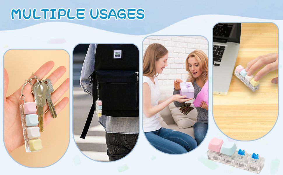 Collage showing multiple uses of small, colorful cube-shaped objects: as a keychain, in a bag pocket, during social interaction, and next to a laptop.