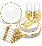 175 PCS Gold Plastic Dinnerware Set - Disposable Fancy Baroque Plates with Gold Rim Heavy Duty Pl...