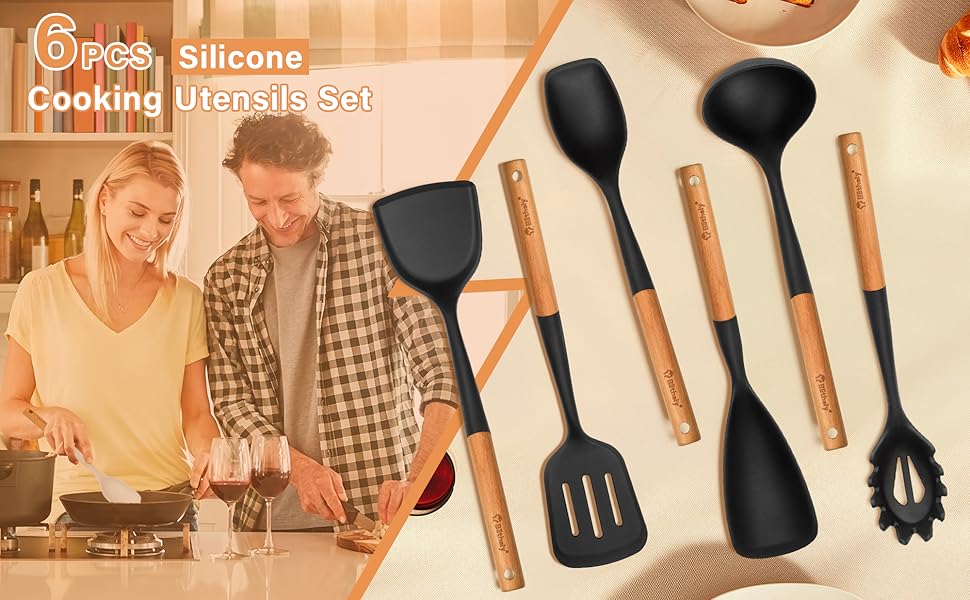 6 Pack Large Kitchen Utensils Set with Wooden Handle