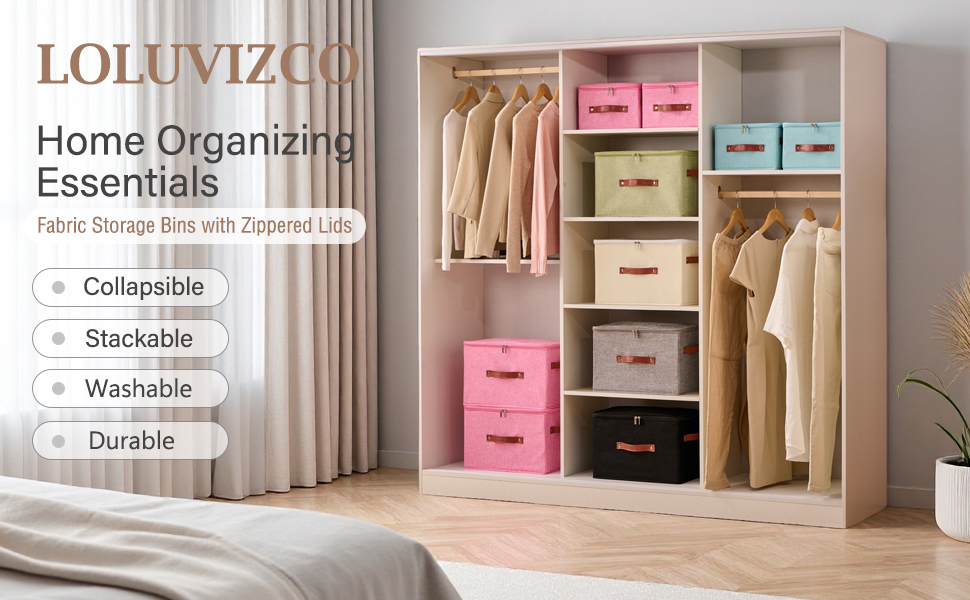 LOLUVIZCO Fabric Storage Bins with Zippered Lids