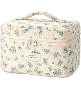 HBselect Quilted Makeup Bag, Portable Cotton Large Travel Makeup Bag, Cute Coquette Blue Floral C...