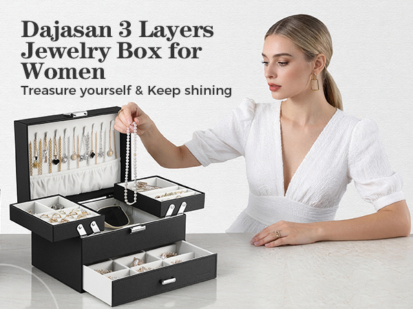 Dajasan 3-layer black jewelry box, premium textured PU leather, vanity organizer for women