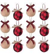 Ivenf Christmas Tree Decorations, 12pcs Buffalo Plaid Burlap Farmhouse Christmas Ornaments, Red B...