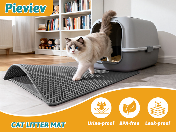 Text reads 'Pieviev', 'CAT LITTER MAT', 'Urine-proof', 'BPA-free', 'Leak-proof'. Gray textured litter mat with cat using litter box and containment mat in room setting with bookshelf.