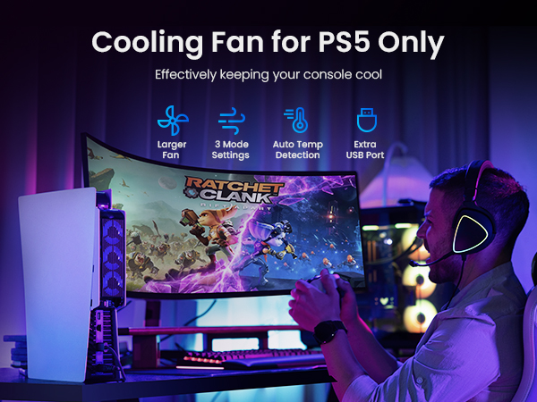 Text reads 'Cooling Fan for PS5 Only'. Gaming setup with PS5 console, TV displaying game, and purple LED lighting. Gaming accessories visible in dark room setting.