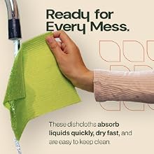 Text reads 'Ready for Every Mess.' Multiple images of a green-colored cleaning or wiping tool being demonstrated on various surfaces.