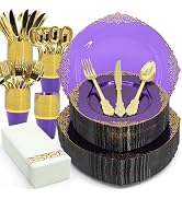 AIRE 175PCS Purple Gold Plastic Plates for Party Dinnerware Sets for 25 Guests, Vintage Disposabl...