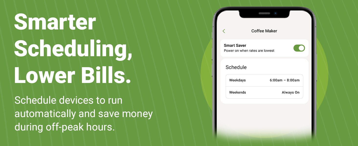 Emporia app showing a smart plug schedule for a coffee maker to save energy during off-peak hours.