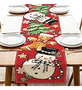 Croar Christmas Red Dining Table Runner, Xmas Tree Snowman Gingerbread Man Burlap Kitchen Decorat...