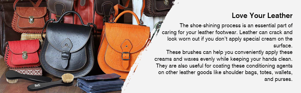 shoe polish brushes in front of leather hand bags and wallets stock