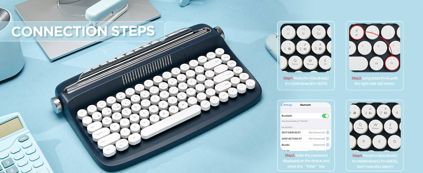 YUNZII ACTTO B303 Wireless Typewriter Keyboard, Retro Bluetooth Aesthetic Keyboard