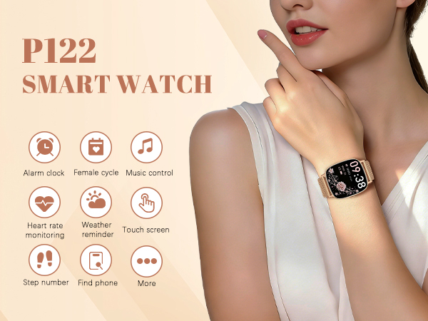 Text reads 'P122 SMART WATCH' with circular icons showing features including heart rate, sleep tracker, messages. Product shown with pink/peach colored background.