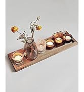SHMILMH Glass Tealight Votive Candle Holders and Small Vase with Rustic Wooden Tray for Fall Tabl...