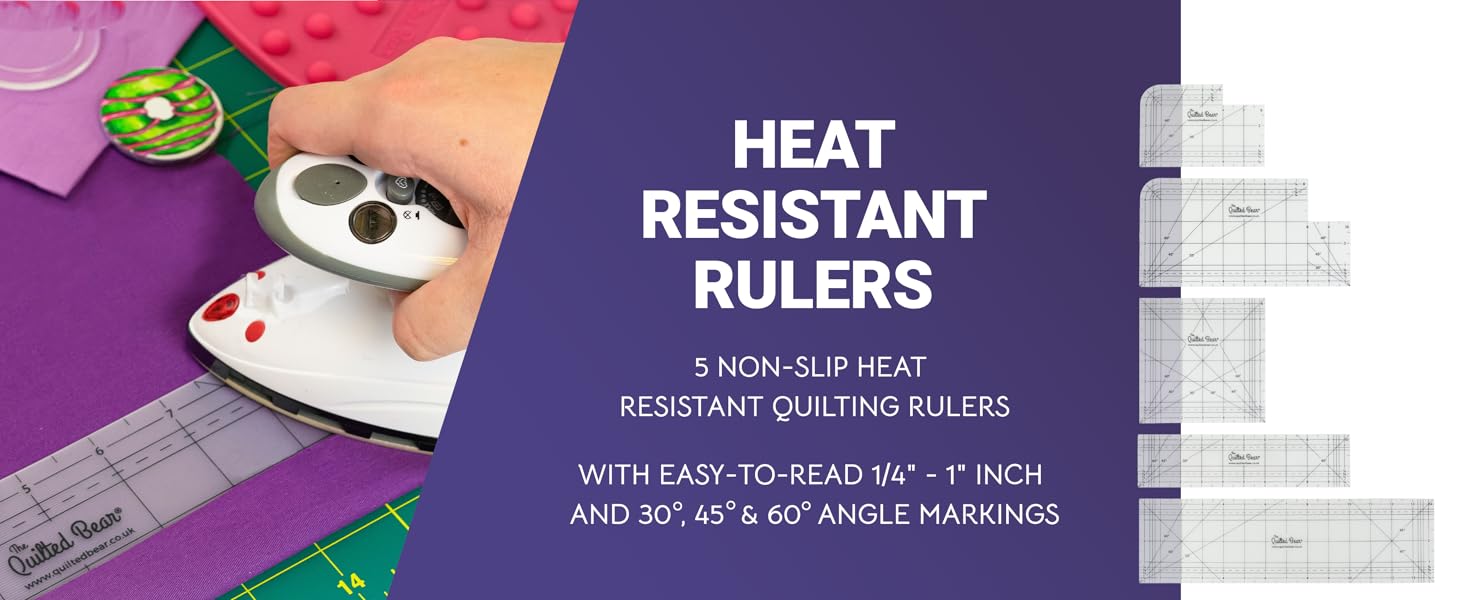 Heat resistant quilting rulers with 1/4"-3" inch and 30°, 45° & 60° angle markings. Set includes 5 non-slip rulers shown on colorful fabric with a hand demonstrating use.