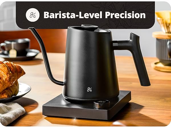 greater goods electric gooseneck kettle on wooden table in bright kitchen space