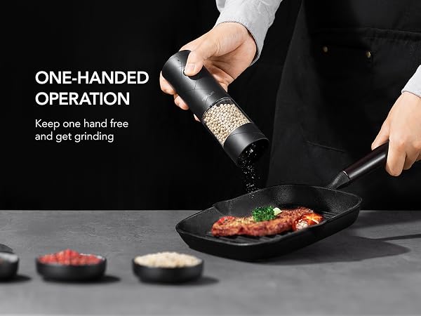 FORLIM electric grinder used one-handed while seasoning steak in a pan