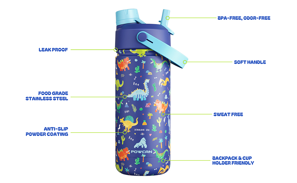 Food Grade Stainless Steel, backpack and car cupholder friendly, anti-slip powder coating.