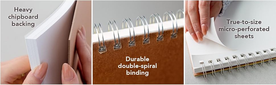 Mixed media art pad features heavy chipboard, wirebound art pad. Perforated sheets
