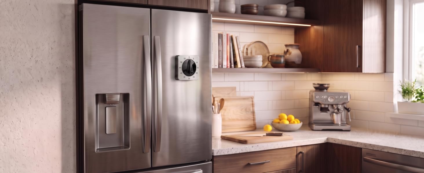Square mechanical kitchen timer on a refrigerator door in a kitchen.