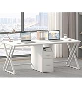 LVB Large 2 Person Desk, Modern White Computer Desk with File Cabinet, Extra Long Workstation Dou...