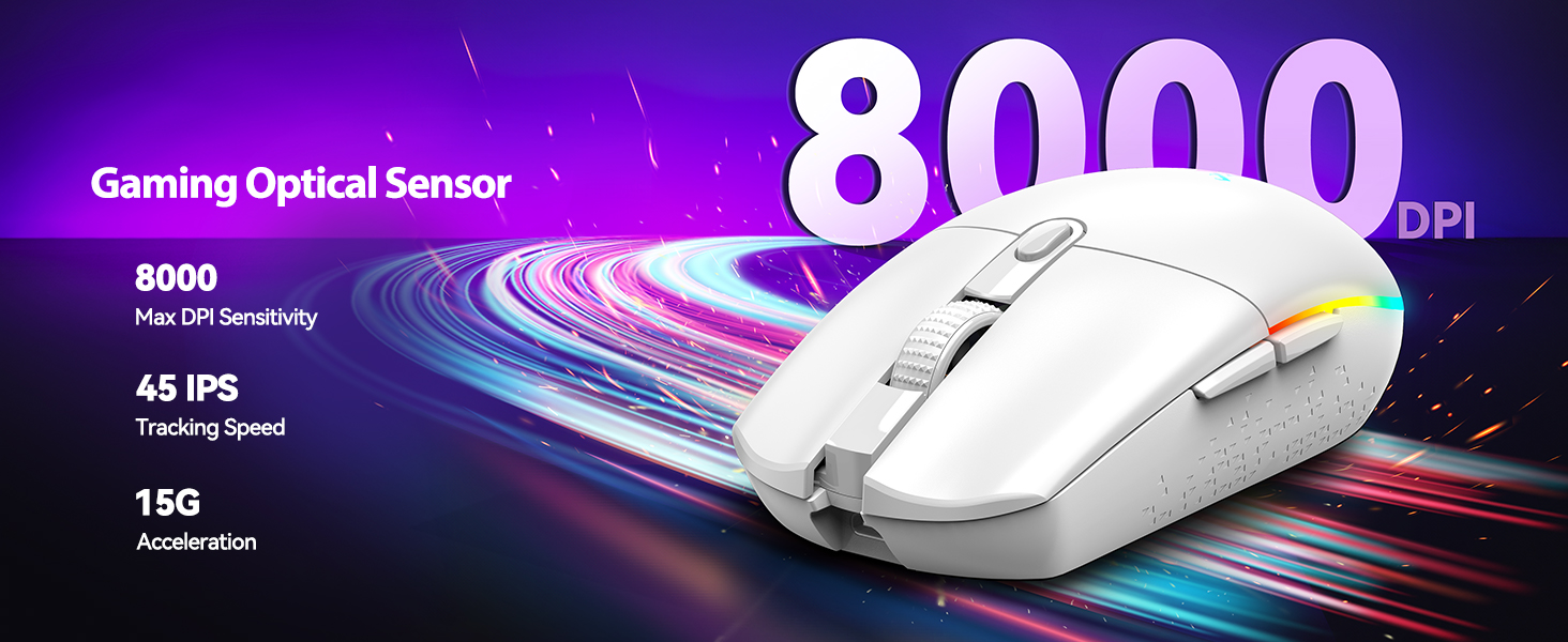 White gaming mouse with 8000 DPI optical sensor, 45 IPS tracking speed, and 15G acceleration. Colorful light streaks in background emphasize high performance.