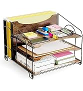 Oterri Wood Desk File Organizer, Desktop Organizer, 3 Tier Metal Paper Letter Tray Organizer with...