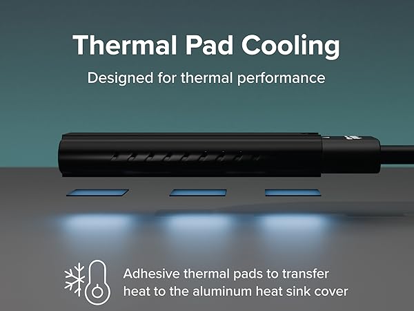 Thermal pad layout for thunderbolt 4 nvme enclosure with heat dissipation illustration and label.