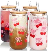 Cherries Bows Glass Cups with Lids and Straws, 18OZ Cherry Decor Iced Coffee Cups with Lids, Cute...