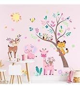 Supzone Jungle Animals Tree Wall Decals Pink Elephant Giraffe Wall Stickers for Kids Girls Bedroo...