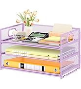 Subekyu 3 Tier Letter Tray Paper Organizer with Handle and 1 Pcs Sliding Tray, Purple Metal Mesh ...