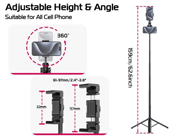 Our mobile phone and camera tripod adopts a 180-degree front and rear tilt adjustment design