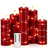Da by 5 Pack Red Real Wax Flameless Taper Candles, Lifelike Flickering LED Candles with Copper St...
