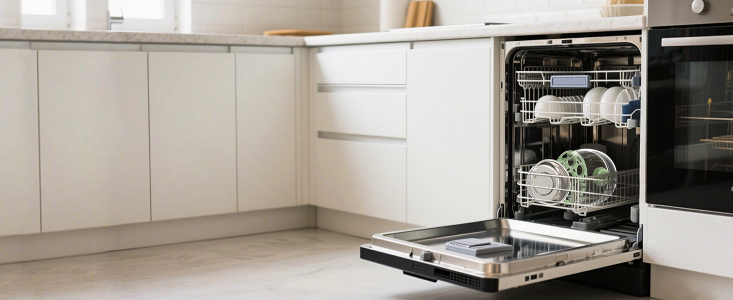 Open dishwasher in a modern white kitchen, showing interior racks loaded with clean dishes. Stainless steel door and control panel visible.