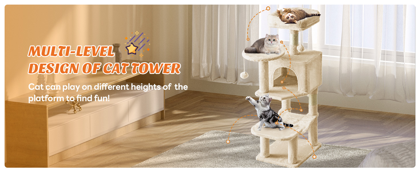Sweetcrispy 44 inch Cat Tree with Condo, Scratching Posts, Platform, Hammock