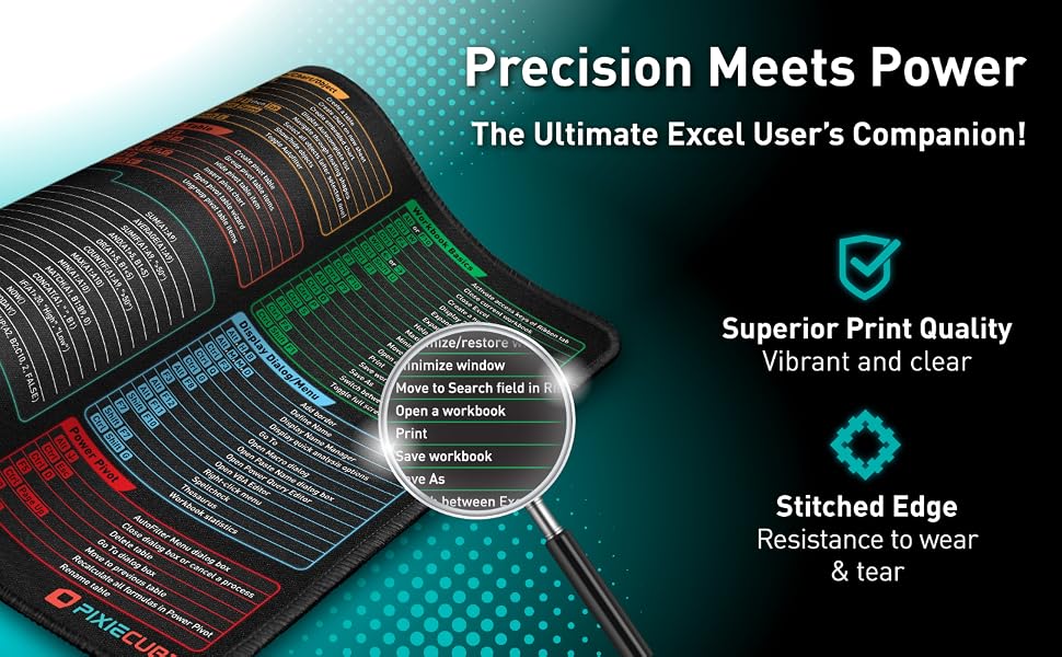 Text reads 'Precision Meets Power' and 'The Ultimate Excel User's Companion'. Professional product photography of technical or software-related material on teal background.