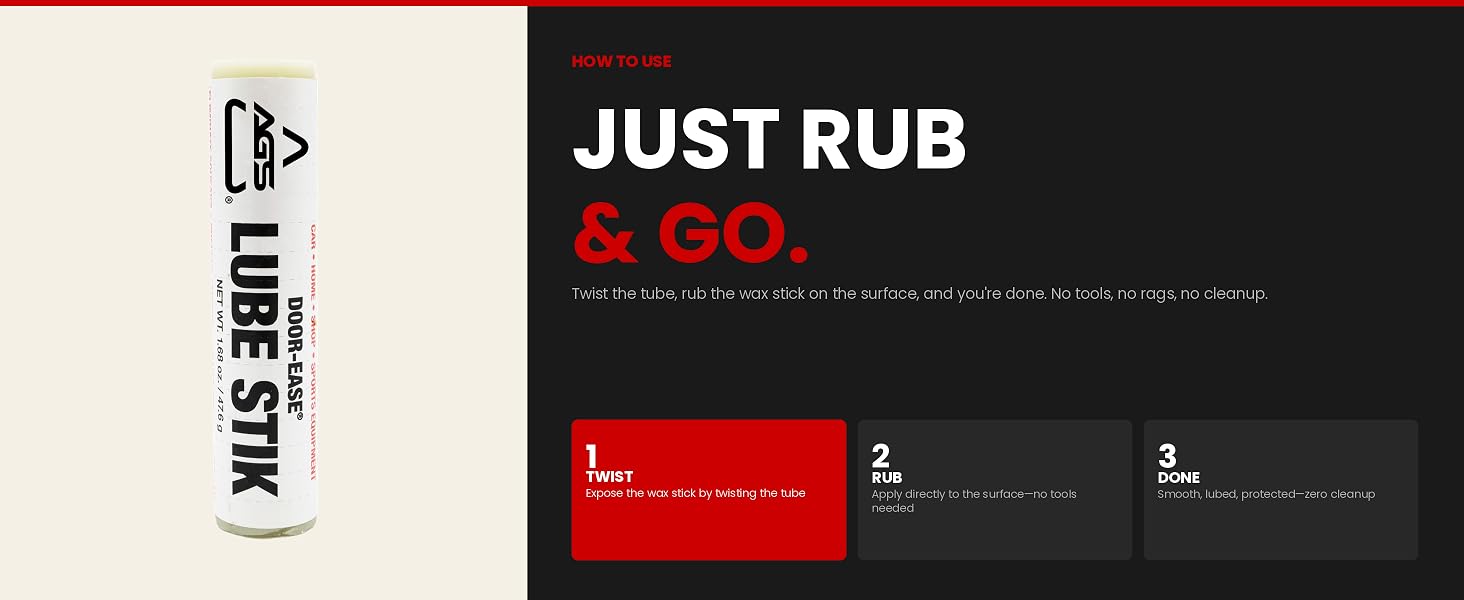 Door-Ease Lube Stik showing three-step twist rub done application