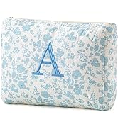 HBselect Initial Makeup Bag, Quilted Makeup Bag, Cotton Large Travel Makeup Bag, Cute Floral Coqu...
