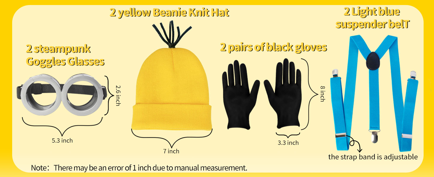 Halloween Costume Accessories Adults,Yellow Beanie/Goggles/Gloves/Suspenders,Halloween Cosplay