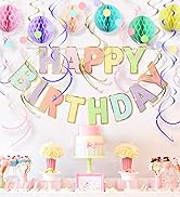 LITAUS, Birthday Decorations, NO DIY - Pack of 17 | Macaron Happy Birthday Banner, Honeycomb Ball...