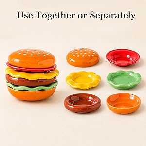 Ceramic hamburger dish set stacked and separated into small dishes