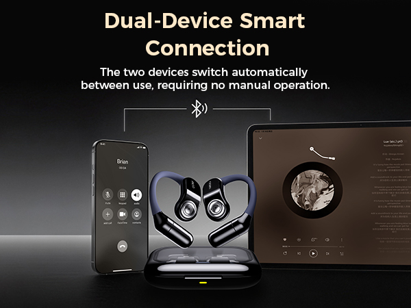 Text reads 'Dual-Device Smart Connection'. Technical diagram showing device connectivity between two screens with wireless symbols and interface elements.
