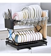 Fzooua 2 Tier Collapsible Dish Drying Rack for Kitchen Counter, Dish Drainer with Drainboard Uten...