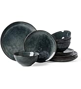 Famiware Dinnerware Sets for 4, Ocean Round 12-Piece Kitchen Plates and Bowls Sets, Reactive Glaz...