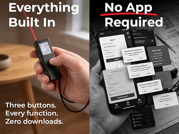 Text reads 'Everything Built In', 'No App Required', 'Three buttons. Every function. Zero downloads.' Split image showing hand holding black remote control device and various smartphone app interface screens in monochrome.