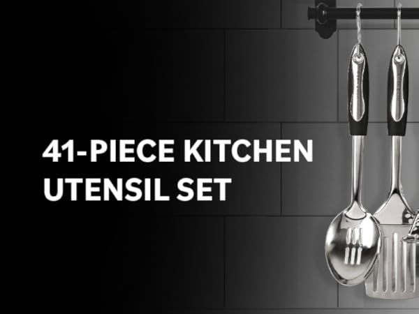 high-quality stainless steel & silicone kitchen utensils set on kitchen hooks