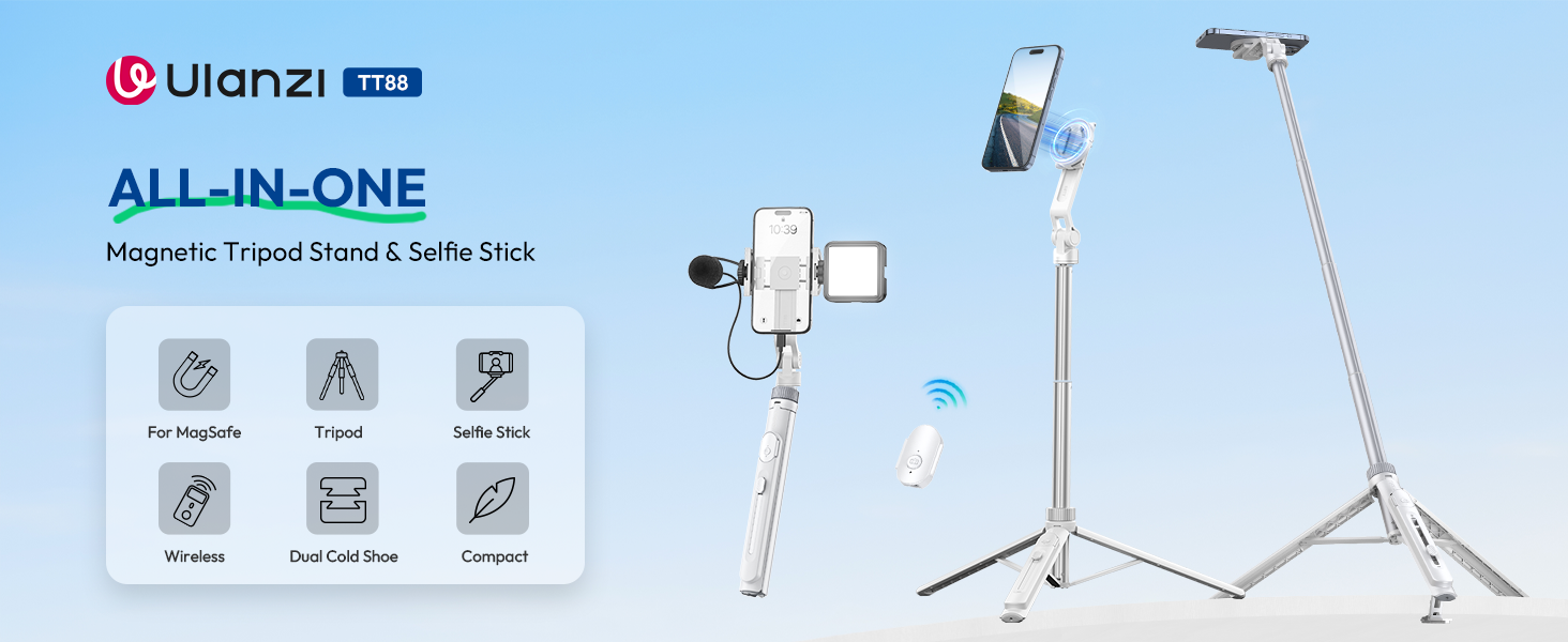 ULANZI TT88 Extendable Phone Tripod, 57" Magnetic Selfie Stick Phone Vlog Tripod Stand