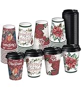 RUSPEPA 48 Pack Disposable Paper Coffee Cups with Lids, 12 oz, Christmas Flower & Robin Printed, ...
